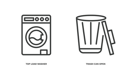 set of tools and utensils thin line icons. tools and utensils outline icons included top load washer, trash can open vector.