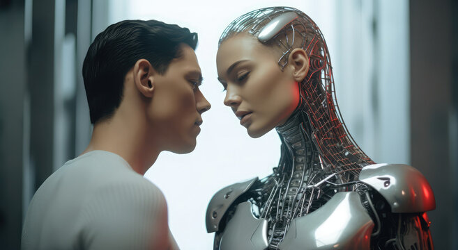 a woman and robot face each other