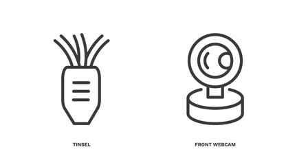 set of technology thin line icons. technology outline icons included tinsel, front webcam vector.