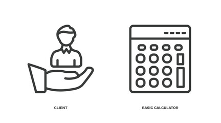 set of technology thin line icons. technology outline icons included client, basic calculator vector.