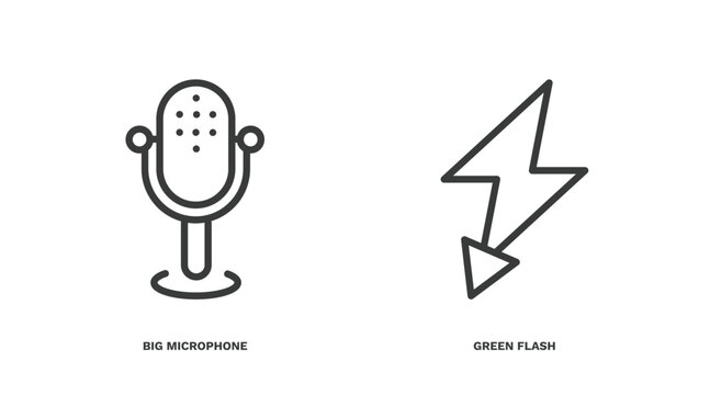 set of technology thin line icons. technology outline icons included big microphone, green flash vector.