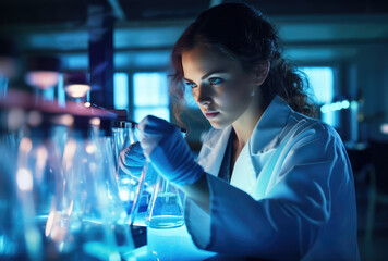 female forensic scientist in lab work - obrazy, fototapety, plakaty