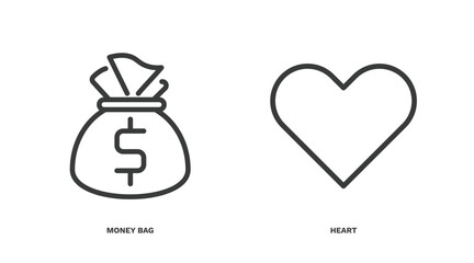 set of strategy thin line icons. strategy outline icons included money bag, heart vector.