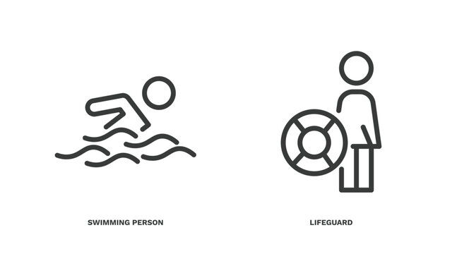 set of summer thin line icons. summer outline icons included swimming person, lifeguard vector.