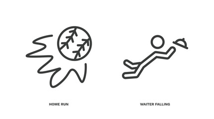 set of sport and games thin line icons. sport and games outline icons included home run, waiter falling vector.
