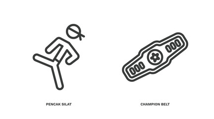 set of sport and games thin line icons. sport and games outline icons included pencak silat, champion belt vector.