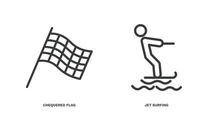 set of sport and game thin line icons. sport and game outline icons included chequered flag, jet surfing vector.