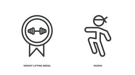 set of sport and game thin line icons. sport and game outline icons included weight lifting medal, wushu vector.