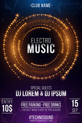 Party poster design for your musical event. Futuristic circles with glowing dots. Modern music flyer. Invitation from a nightclub to a music event. Vector illustration.