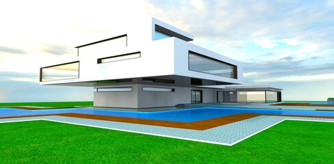New design of the white facade modern house with large swimming pool on the territory. Spacious terraces on the flat roof. 3d rendering.