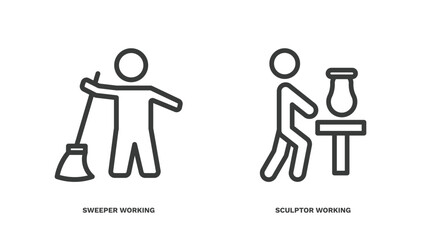 set of people thin line icons. people outline icons included sweeper working, sculptor working vector.