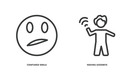 set of people thin line icons. people outline icons included confused smile, waving goodbye vector.