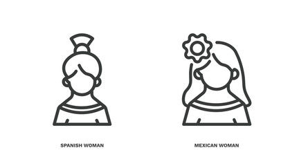 set of people and relation thin line icons. people and relation outline icons included spanish woman, mexican woman vector.