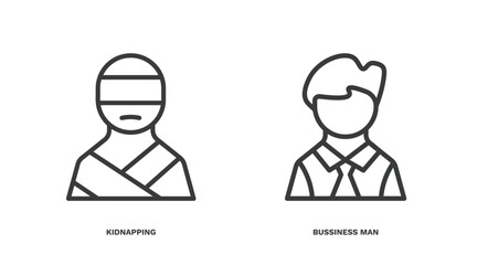 set of people and relation thin line icons. people and relation outline icons included kidnapping, bussiness man vector.