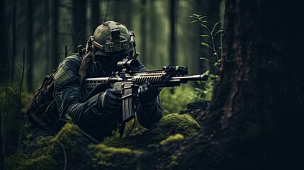 Sniper in ambush in the forest - mercenary soldier in camouflage is aiming at the enemy.