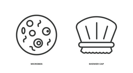 set of hygiene and sanitation thin line icons. hygiene and sanitation outline icons included microbes, shower cap vector.