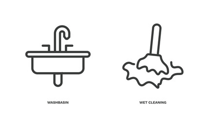 set of hygiene and sanitation thin line icons. hygiene and sanitation outline icons included washbasin, wet cleaning vector.