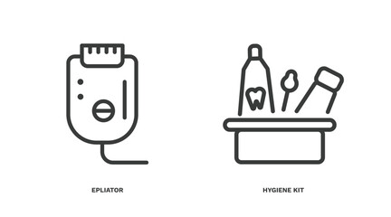 set of hygiene and sanitation thin line icons. hygiene and sanitation outline icons included epliator, hygiene kit vector.