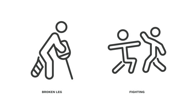 set of humans and behavior thin line icons. humans and behavior outline icons included broken leg, fighting vector.