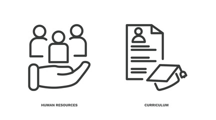 set of human resources thin line icons. human resources outline icons included human resources, curriculum vector.