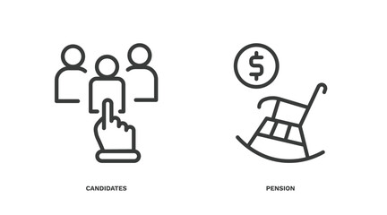 set of human resources thin line icons. human resources outline icons included candidates, pension vector.