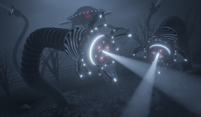 Alien robotic tripod in foggy night. Futuristic machine is searching with lamps and flexible tentacles. Science fiction concept, 3d render, selective focus - 643650343