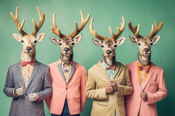 Studio group photo portrait of four five elks dressed in bright colored clothes, created with Generative AI technology