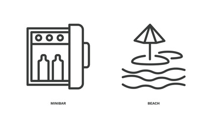 set of hotel and restaurant thin line icons. hotel and restaurant outline icons included minibar, beach vector.