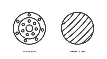 set of fitness and gym thin line icons. fitness and gym outline icons included weight drive, gymnastic ball vector.