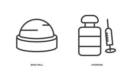 set of fitness and gym thin line icons. fitness and gym outline icons included bosu ball, steroids vector.