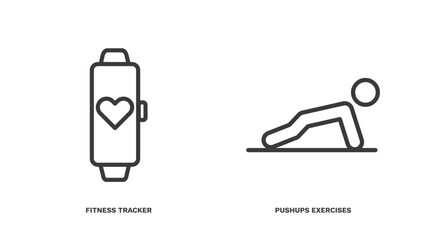 set of fitness and gym thin line icons. fitness and gym outline icons included fitness tracker, pushups exercises vector.