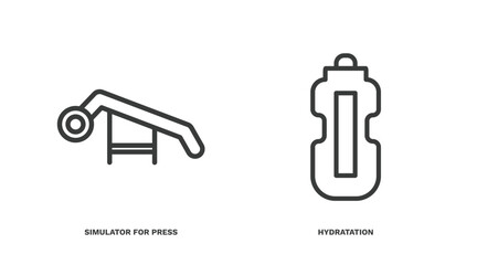 set of fitness and gym thin line icons. fitness and gym outline icons included simulator for press, hydratation vector.