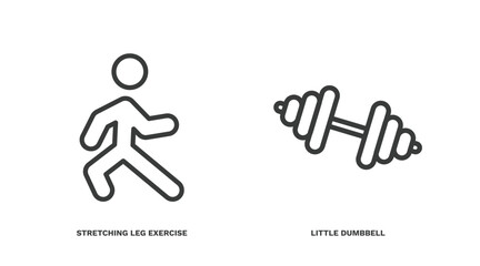 set of fitness and gym thin line icons. fitness and gym outline icons included stretching leg exercise, little dumbbell vector.
