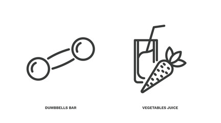 set of fitness and gym thin line icons. fitness and gym outline icons included dumbbells bar, vegetables juice vector.