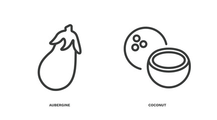 set of vegetables and fruits thin line icons. vegetables and fruits outline icons included aubergine, coconut vector.