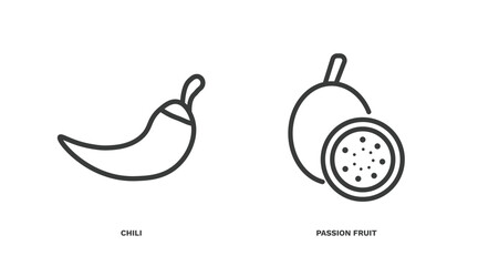set of vegetables and fruits thin line icons. vegetables and fruits outline icons included chili, passion fruit vector.