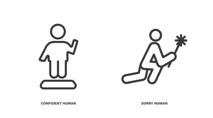 set of feeling and reaction thin line icons. feeling and reaction outline icons included confident human, sorry human vector.