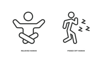 set of feeling and reaction thin line icons. feeling and reaction outline icons included relieved human, pissed off human vector.