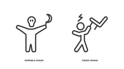 set of feeling and reaction thin line icons. feeling and reaction outline icons included horrible human, pissed human vector.