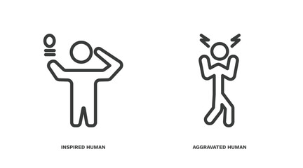 set of feeling and reaction thin line icons. feeling and reaction outline icons included inspired human, aggravated human vector.