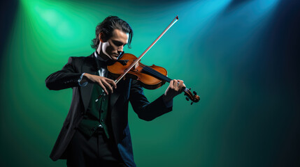 Fototapeta premium Young man playing violin on blue background