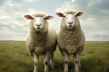 Naklejka na ściany i meble Cloning in Agriculture: Conceptual Image of Two Identical Sheep Standing in a Country Field