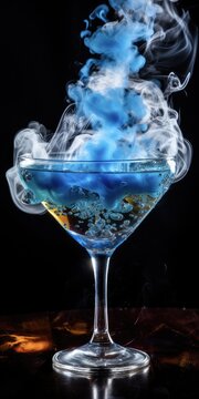 Blue Cocktail with Smoke Bubble in Glass. Abstract Image of Refreshing Drink with a Whimsical, Colorful Twist