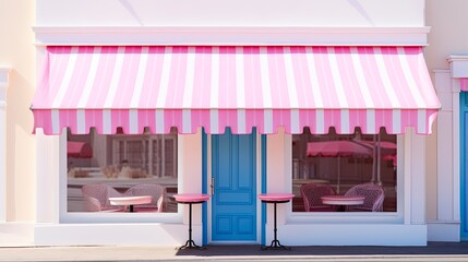 Pink Awning on White Wall: A Gorgeous Addition to Your Shop or Home Entranceway - obrazy, fototapety, plakaty