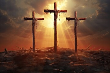 Three Crosses at Sunset - Powerful Christian Symbol of Faith and Redemption - obrazy, fototapety, plakaty