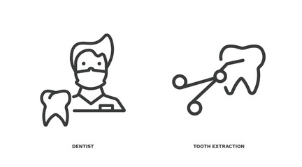 set of dental health thin line icons. dental health outline icons included dentist, tooth extraction vector.