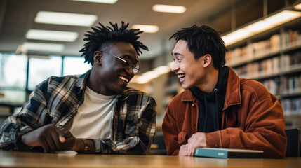 Two student friends sitting in the library getting ready for class