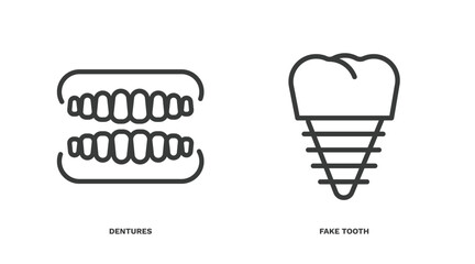 set of dental health thin line icons. dental health outline icons included dentures, fake tooth vector.