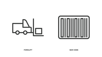 set of delivery and logistics thin line icons. delivery and logistics outline icons included forklift, bar code vector.