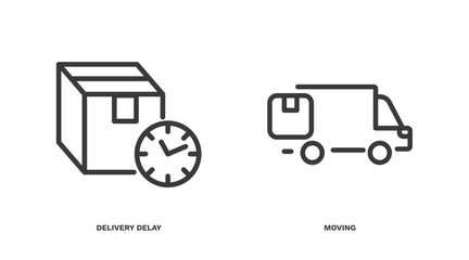 set of delivery and logistics thin line icons. delivery and logistics outline icons included delivery delay, moving vector.